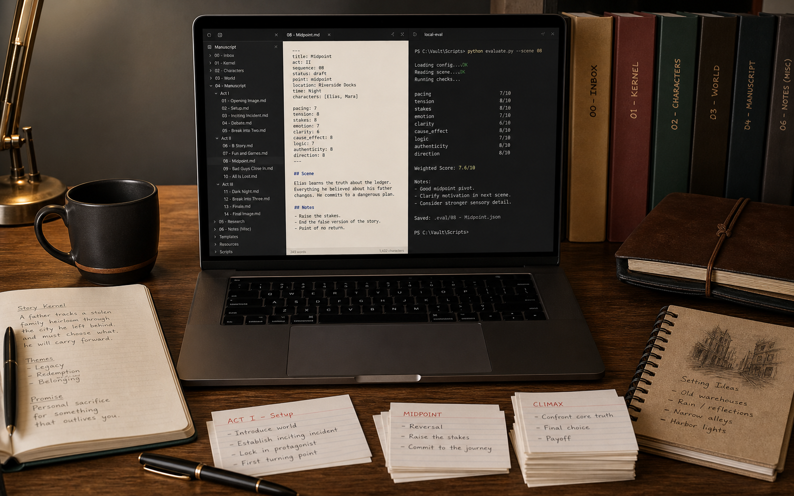 Writer's desk with a laptop showing Markdown scene notes, local evaluation output, and planning cards.